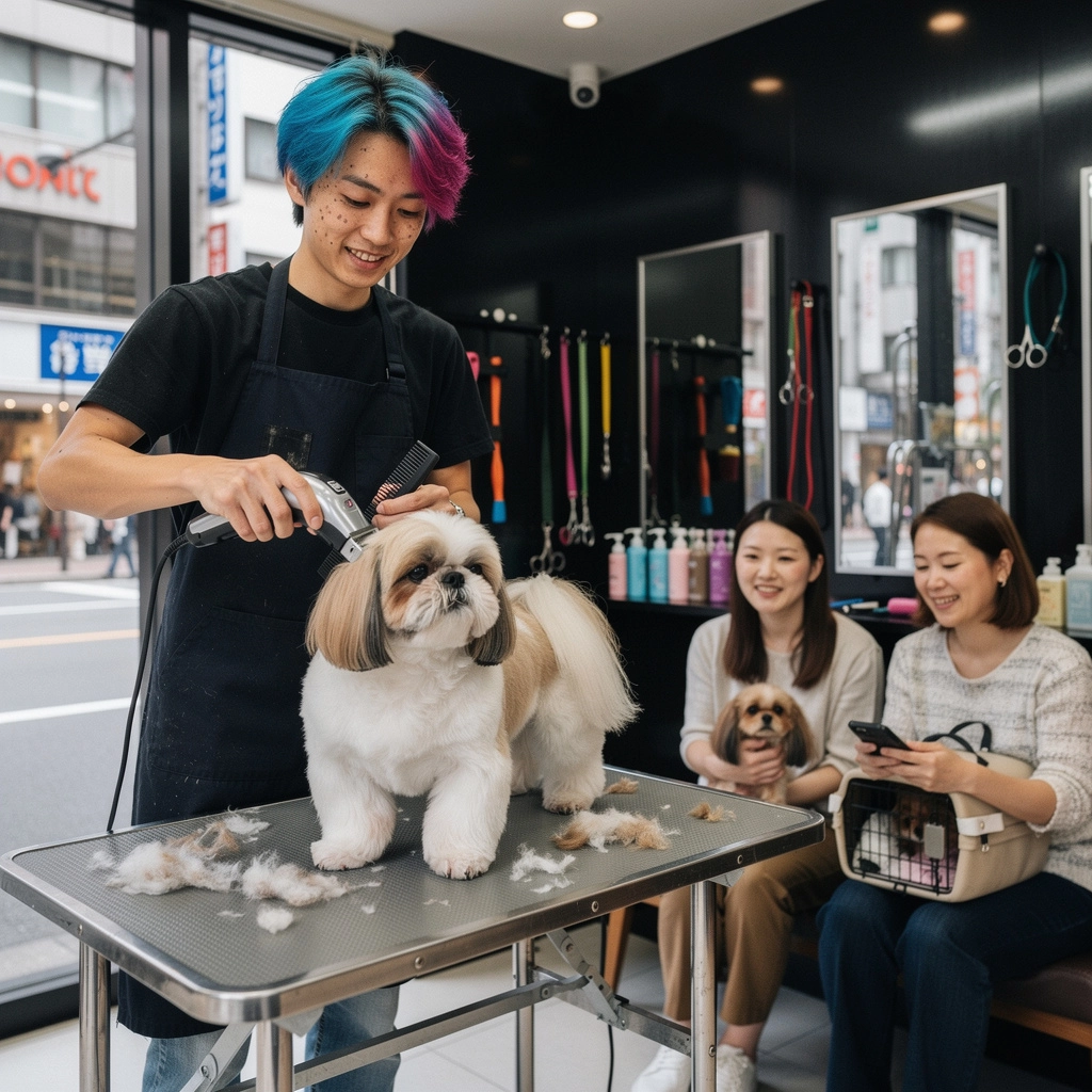 新しいお風呂用のペットシャンプーのボトルが並ぶ棚