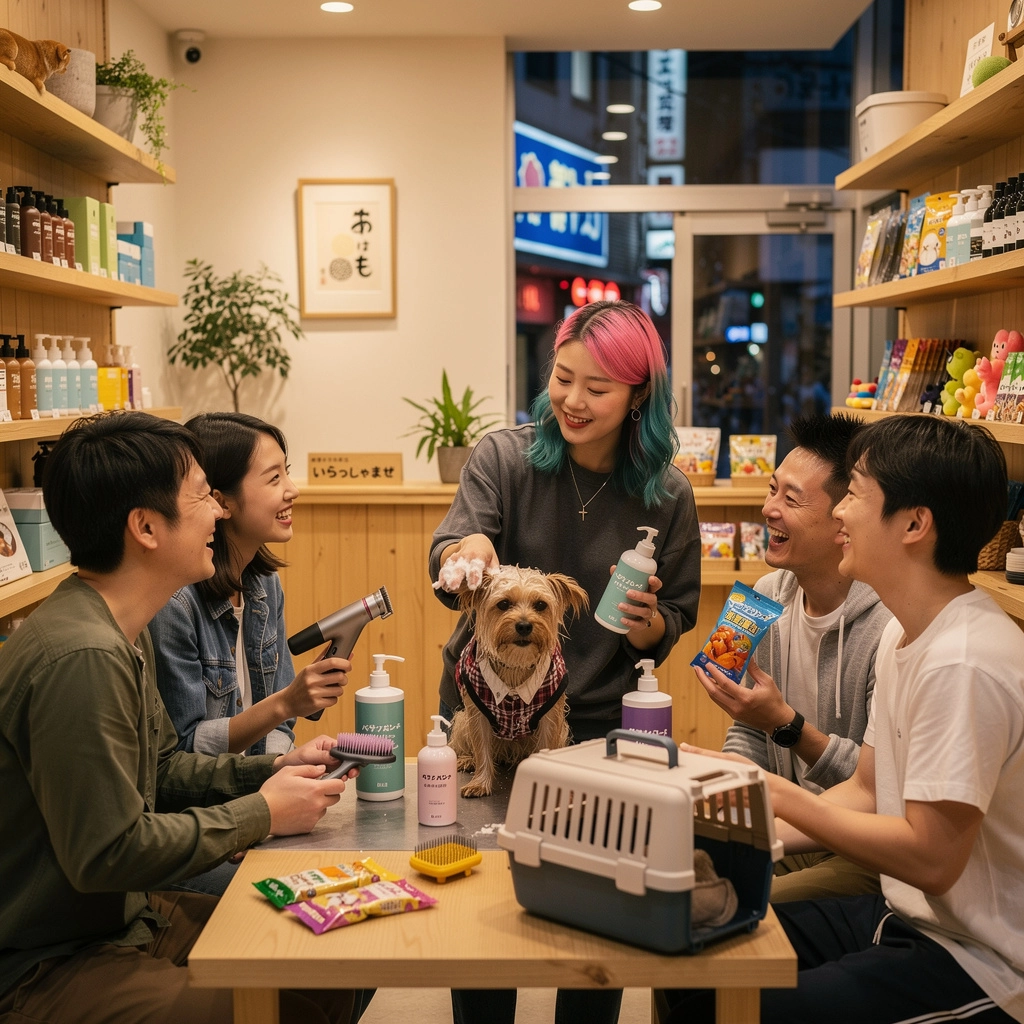 新しいペット用アクセサリーを試着する犬の写真